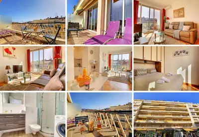 a collage of different pictures of a room at Nestor&Jeeves - GIBRALTAR TERRASSE - Central - By sea - Pedestrian zone in Nice