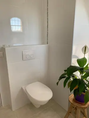 a white bathroom with a toilet and a plant at Bed & Breakfast Les LILLAS in Saint-Jeannet