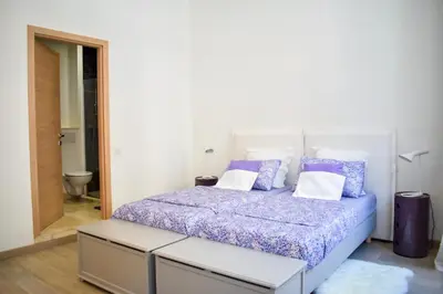 a bedroom with a bed with purple sheets and pillows at Résidence Barla in Nice