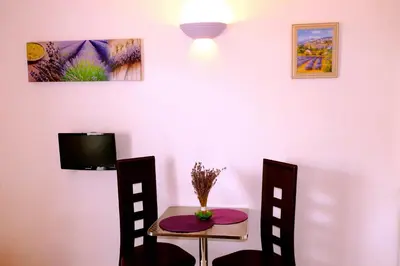 a dining room with a table and chairs and a tv at Studios Nice French Riviera in Nice