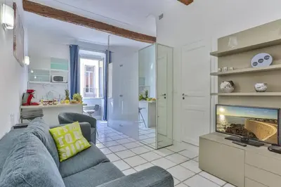 a living room with a couch and a fireplace at MY CASA - MARI 117 - City Center in Nice