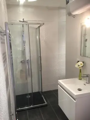 a bathroom with a shower and a white sink at Nice Beach - Promenade Des Anglais in Nice