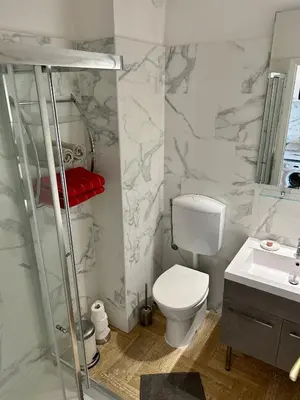 a bathroom with a toilet and a shower and a sink at Studio Leopolda in Villefranche-sur-Mer