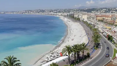 a view of a beach with palm trees and a road at Chambre chez l'habitant Nice Baie des Anges in Nice