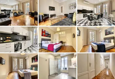 a collage of photos of a kitchen and living room at Nestor&Jeeves - PALAIS ARNULF - Central - Very close sea in Nice