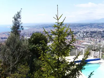 a tree sitting on the side of a swimming pool at Les lilas blancs in Villefranche-sur-Mer