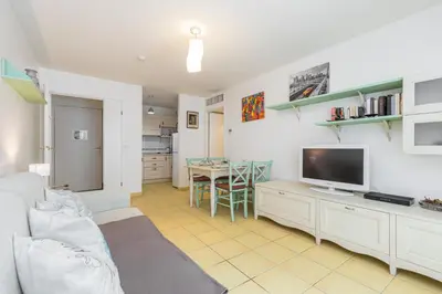a living room with a couch and a tv and a table at Nice 1 Bedroom downtown Carré d'Or with garage in Nice