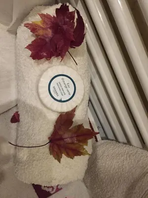 a stack of towels with autumn leaves on them at Chambre calme centre Nice labellisée in Nice