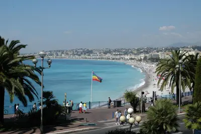 a view of a beach with a flag and palm trees at Carré d'or Very nice appart Near the beach in Nice