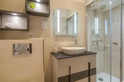 a bathroom with a sink and a shower at L'Olivette in Nice