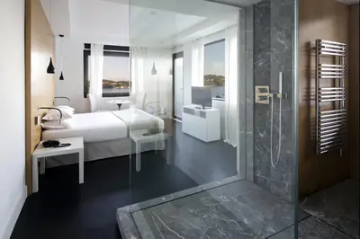 a bedroom with a bed and a bathroom with a shower at Hôtel Le Versailles in Villefranche-sur-Mer