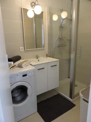a bathroom with a washing machine and a shower at Appartement Terrasse Quartier Liberation in Nice