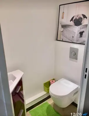 a bathroom with a toilet and a picture of a dog on the wall at Superbe Studio in Nice at 450m from the sea with Clim in Nice