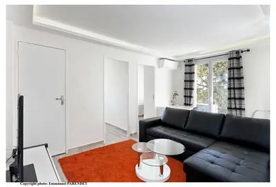 a living room with a black couch and a red rug at Parc Anahit in Nice