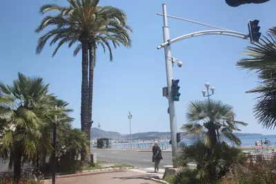 a person walking down a street with palm trees at Top Floor Apartment Santa Barbara in Nice