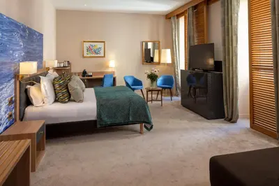a hotel room with a bed and a television at Hotel Beau Rivage in Nice