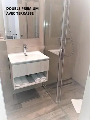 a bathroom with a sink and a shower at Hôtel restaurant Oasis in Nice