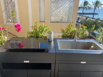 a kitchen with a sink and some flowers on a counter at O Phare du Cros in Cagnes-sur-Mer