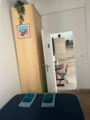 a room with a bed with two green mats on it at Boutique apartment LA LAVANDE free parking CENTER Nice in Nice