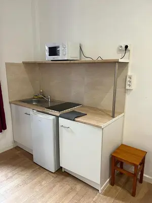a small kitchen with a counter top with a microwave at Hôtel Lyonnais in Nice