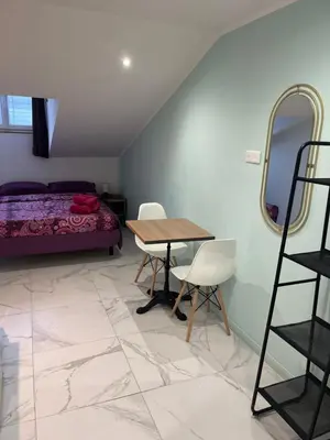 a room with a table and chairs and a bed at Hôtel Lyonnais in Nice