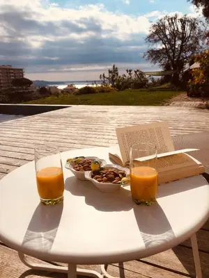 a table with a plate of food and two glasses of orange juice at La Coulina in Nice