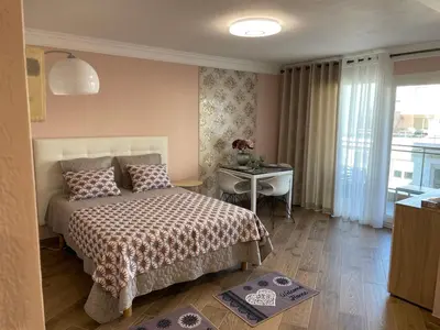 a bedroom with a bed and a desk and a window at Studio With Swimming Pool 80 meters near the beach in Nice