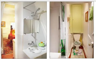 two pictures of a bathroom with a sink and a toilet at Family Apartment 2BR Old Town near Beach AC in Nice