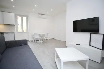 a living room with a couch and a tv on a wall at Republique Garibaldi in Nice