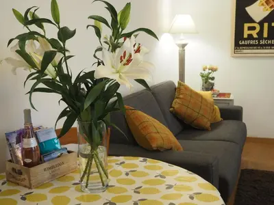 a living room with a couch and a table with a vase of flowers at 2 Bedroom Apartment Old Town Centre in Nice