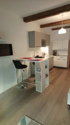 a kitchen with a white island in a room at Sam Le Lezard Sarl in Nice