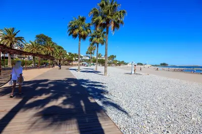 a woman standing on a beach with palm trees at Sea view luxury apartment in Saint-Laurent-du-Var