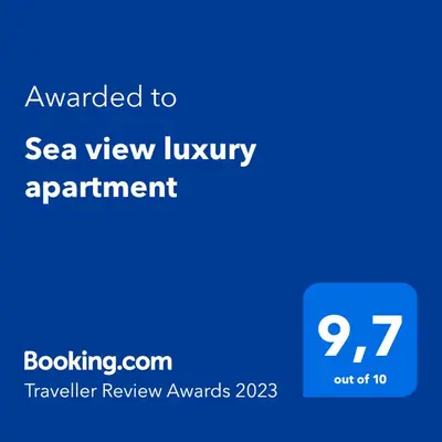 a blue screen with the text awarded to sea view luxury appointment at Sea view luxury apartment in Saint-Laurent-du-Var