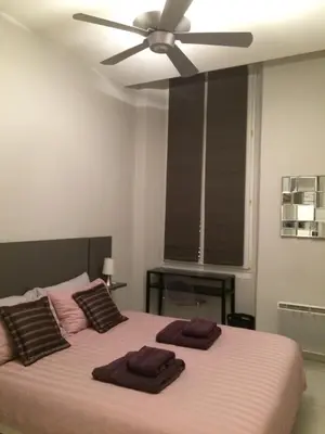 a bedroom with a large bed with a ceiling fan at Je suis à Nice in Nice