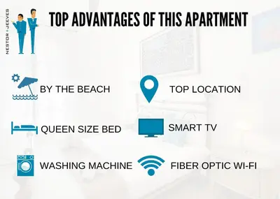 a diagram of the top advantages of this equipment at Nestor&Jeeves - LAVINIA - Central - Close sea in Nice