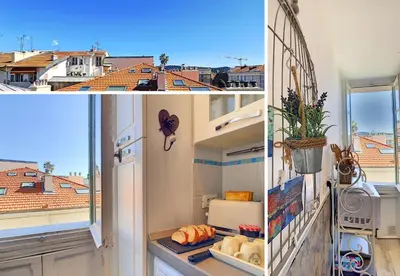 a collage of three pictures of a kitchen with a view at Nestor&Jeeves - LAVINIA - Central - Close sea in Nice