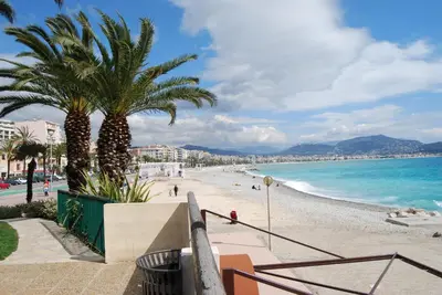a view of a beach with palm trees and the ocean at Hôtel Azur in Nice