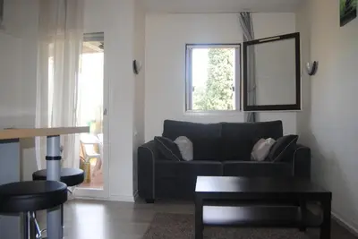 a living room with a black couch and a window at Les Palmiers à 700m de la mer in Nice