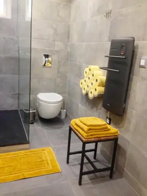 a bathroom with a shower and a toilet and a stool at Studio 33 in Nice