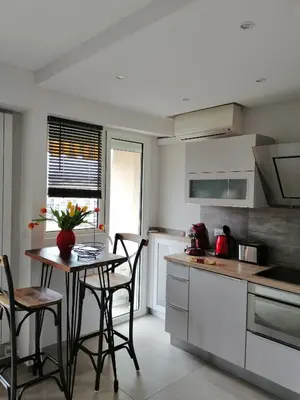 a kitchen with a table and chairs in a kitchen at Le Cros de Cagnes in Cagnes-sur-Mer