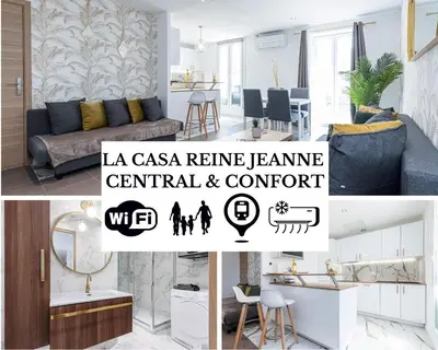 a collage of photos of a living room and a kitchen at CASA REINE JEANNE- ideal groups & family -CENTRAL near train station - PARKING - New&CONFORT-AC in Nice