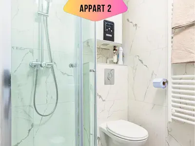 a bathroom with a shower and a toilet with a sign that says april at CASA REINE JEANNE- ideal groups & family -CENTRAL near train station - PARKING - New&CONFORT-AC in Nice
