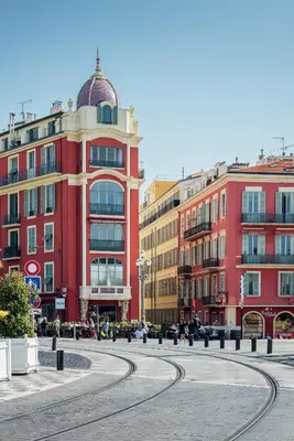 a street in a city with some buildings at 