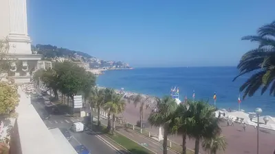 a view of the ocean and a street with palm trees at Nissa La Bella in Nice