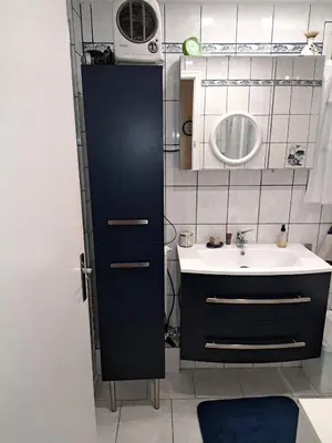 a bathroom with a sink and a black door at Chambre chez l’habitant chez Nadine in Cagnes-sur-Mer