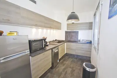a kitchen with wooden cabinets and a stainless steel refrigerator at MILORD PROMENADE 2 - PROMENADE HOLIDAY in Nice