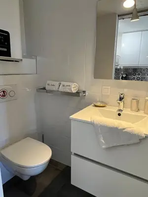a white bathroom with a toilet and a sink at Villa Antoline in Cagnes-sur-Mer