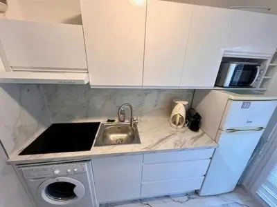 a small kitchen with a sink and a dishwasher at Palais des Domes Gloria in Nice
