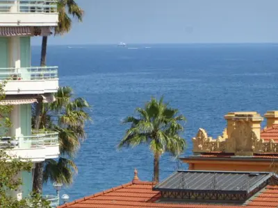 a view of the ocean from a building with palm trees at Palais des Domes Gloria in Nice