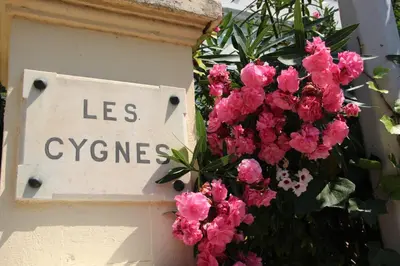 a sign that says less enzymes next to pink flowers at Hotel Villa Les Cygnes in Nice